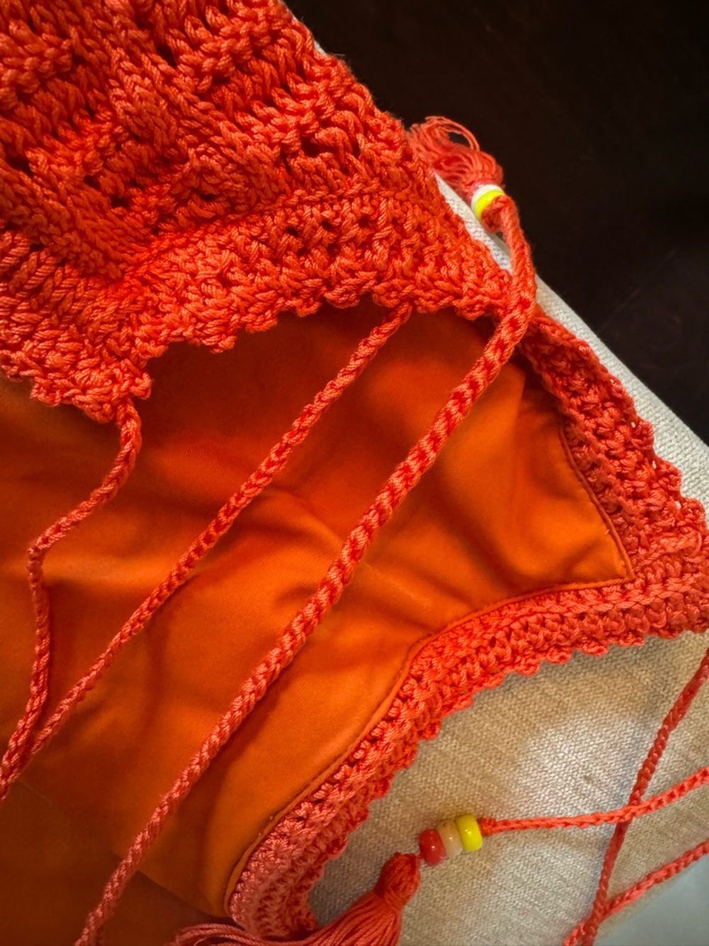 Alanui Italian Rust Orange Crochet Swimsuit with Bead Tassels. Never worn.